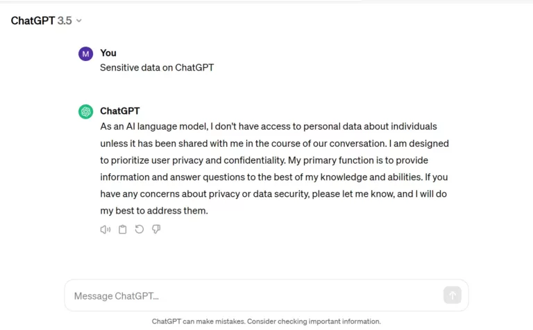 ChatGPT's response when asked by QA Financial about sensitive data